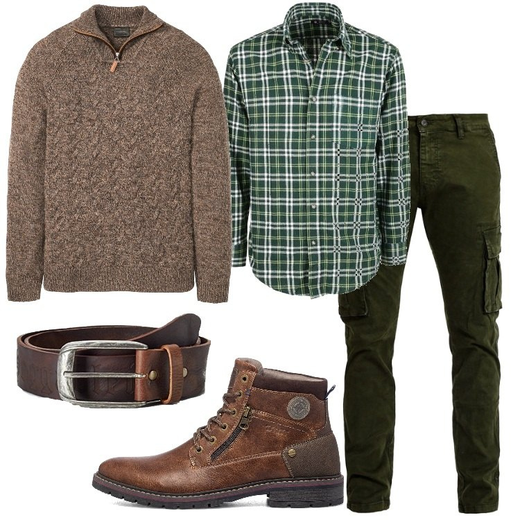 Outfit uomo - Casual in verde e marrone. Stile Casual per Tutti i giorni. Abbinamento con maglieria, pantaloni cargo, camicie, stivali e stivaletti, cinture.