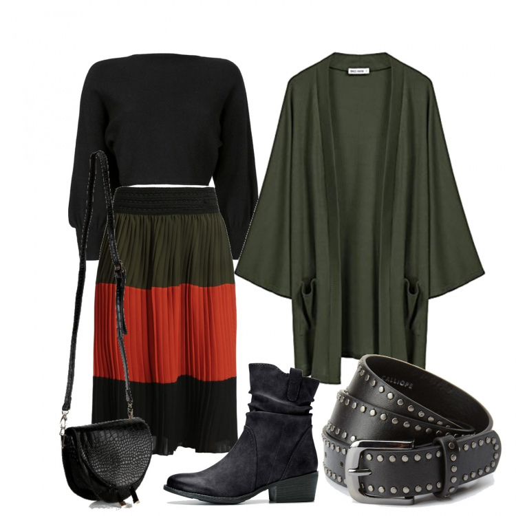 Outfit donna - La cintura sulla mantella. Stile Boho per Tutti i giorni. Abbinamento con stivaletti texani, gonne lunghe, pullovers, borse a tracolla, cinture, cardigans.