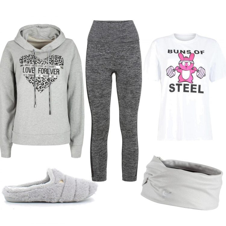 Outfit donna - Divano e Netflix. Stile Basic per Tutti i giorni. Abbinamento con leggings sportivo, felpe con cappuccio, t-shirt, fasce per capelli, ciabatte.