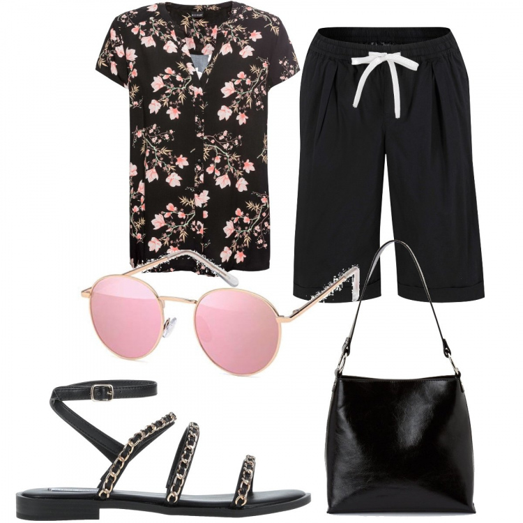 Outfit donna - Fiorellini rosa. Stile Basic per Tutti i giorni. Abbinamento con camicie a manica corta, bermuda, sandali, borse a secchiello, occhiali da sole.