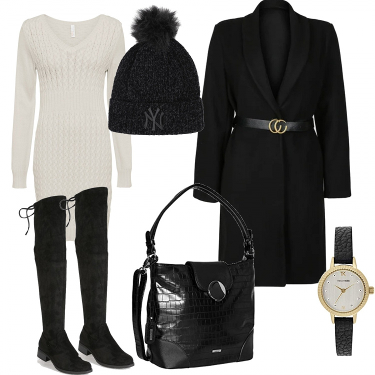 Outfit donna - Miniabito panna con i quissardes. Stile Urban per Tutti i giorni. Abbinamento con vestiti, cappelli, cappotti, stivali sopra il ginocchio, orologi, borse a mano.