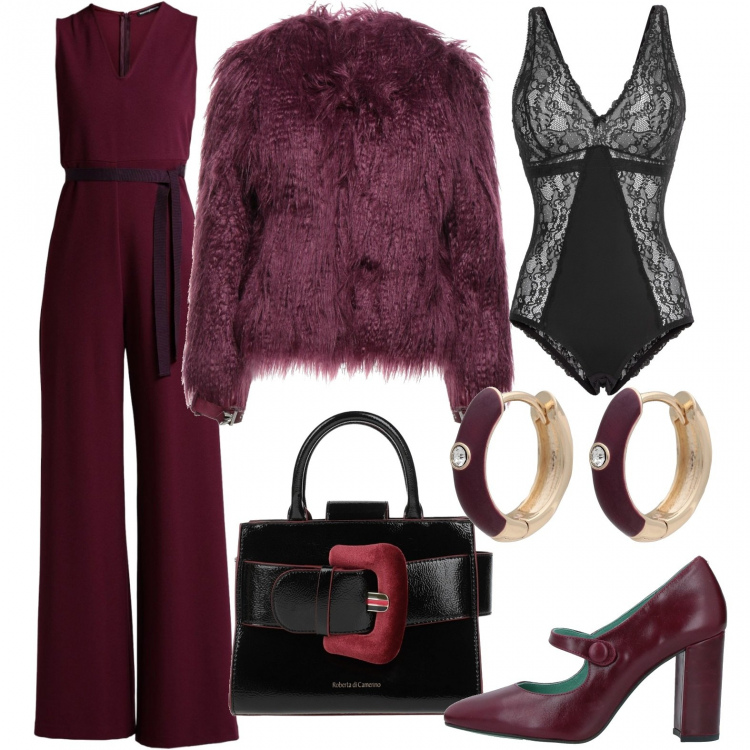 Outfit donna - Wine taste. Stile Chic per Serata fuori. Abbinamento con body, tute, cappotti, décolleté, orecchini, borse a mano.