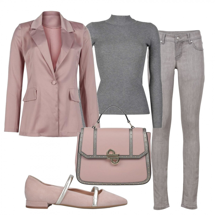 Outfit donna - Grigio e rosa cipria. Stile Casual chic per Ufficio. Abbinamento con jeans skinny, borse a mano, ballerine, blazer, pullovers.