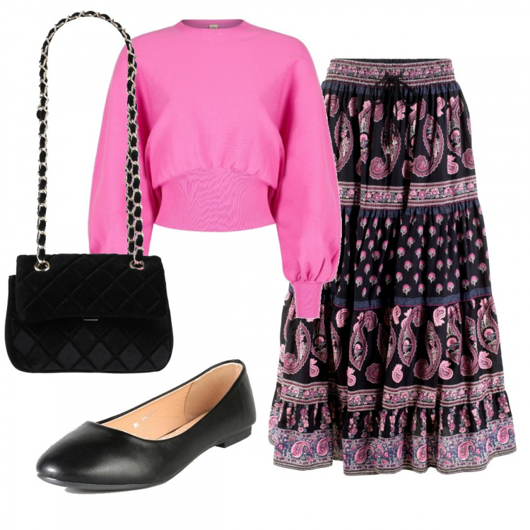 Outfit donna - Etnico #3321. Stile Etnico per Ufficio. Abbinamento con gonne lunghe, borse a mano, pullovers, ballerine.
