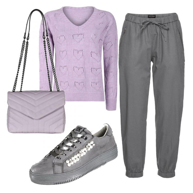 Outfit donna - Basic #33214. Stile Basic per Tutti i giorni. Abbinamento con pantaloni, maglieria, sneakers alte, borse a tracolla.