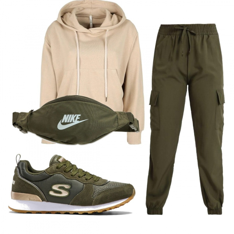 Outfit donna - Casual #10414. Stile Casual per Sport. Abbinamento con shopping bag, pantaloni, felpe con cappuccio, marsupi.