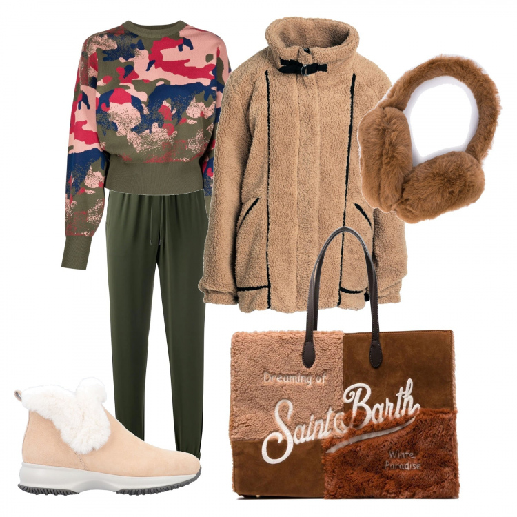 Outfit donna - Gita in montagna. Stile Sporty chic per Tutti i giorni. Abbinamento con stivaletti, cappotti, borse tote, cappelli, maglieria, pantaloni.