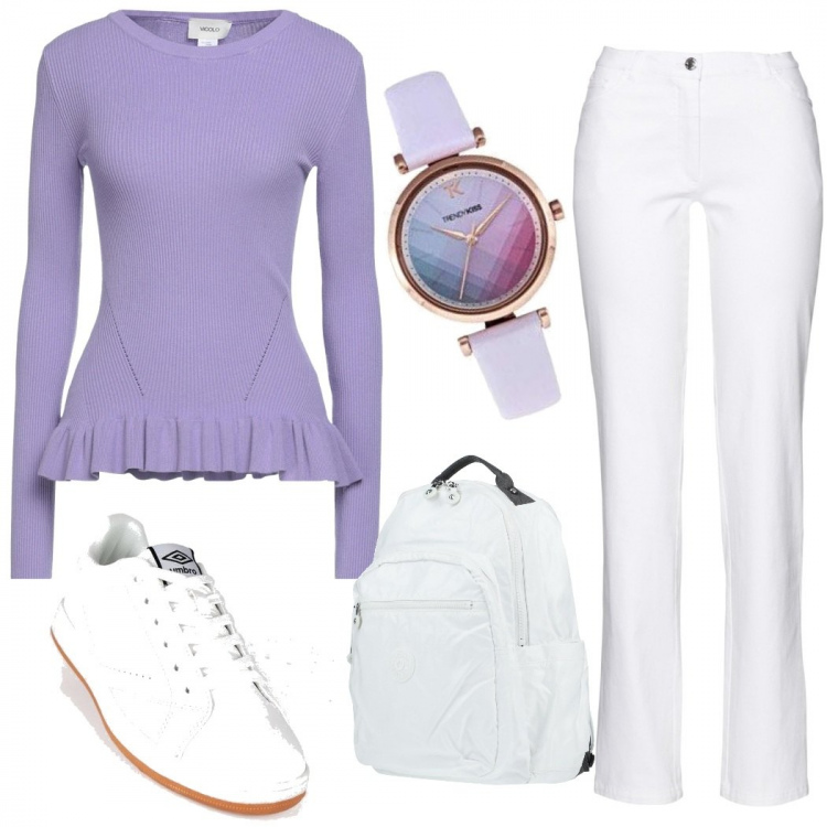 Outfit donna - Lilla per il tempo libero. Stile Casual per Tutti i giorni. Abbinamento con pantaloni, pullovers, zaini, sneakers, orologi.