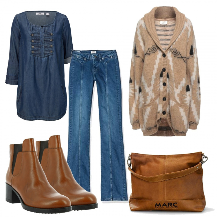 Outfit donna - Blue jeans. Stile Vintage retrò per Tutti i giorni. Abbinamento con bluse, cardigans, stivaletti, jeans a zampa, borse a mano.