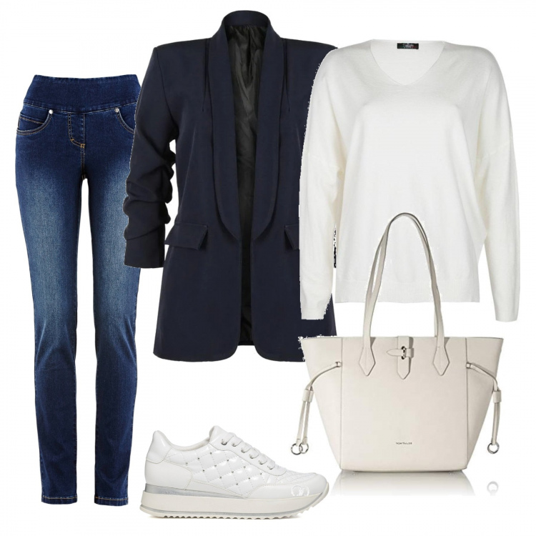 Outfit donna - Total look #1195188. Stile Sporty chic per Tutti i giorni. Abbinamento con jeans slim fit, blazer, pullovers, sneakers, shopping bag.