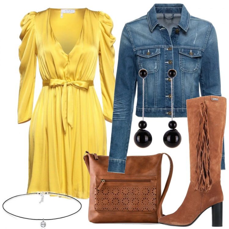 Outfit donna - Dress Yellow. Stile Casual per Tutti i giorni. Abbinamento con borse a tracolla, blazer, vestiti corti, stivali, orecchini, collane.