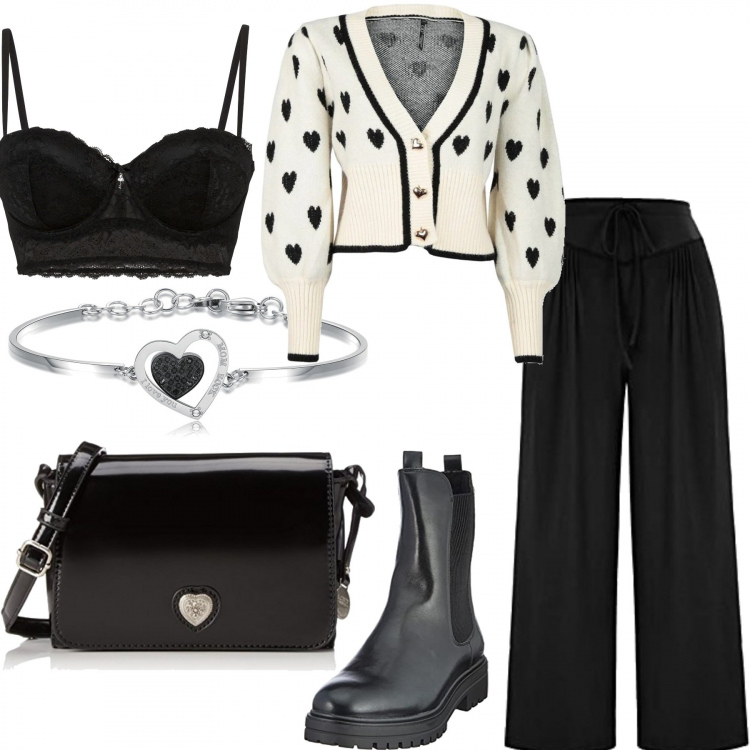 Outfit donna - Cuori, cuori e ancora cuori.. Stile Trendy per Tutti i giorni. Abbinamento con reggiseni a balconcino, cardigans, braccialetti, pantaloni, stivaletti chelsea, borse a tracolla.