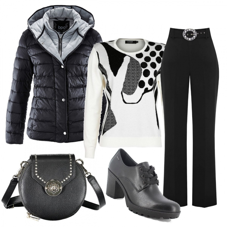Outfit donna - Ready?. Stile Urban per Ufficio. Abbinamento con piumini, pullovers, pantaloni, scarpe col tacco, borse a tracolla.