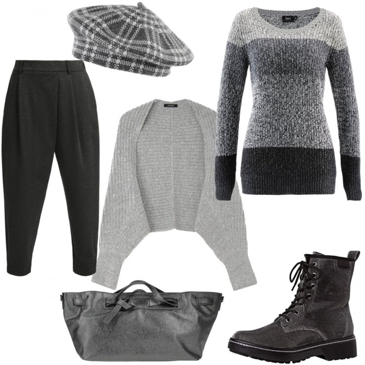 Outfit donna - Sprintosa e aggraziata. Stile Trendy per Scuola/Università. Abbinamento con borse a mano, maglieria, pantaloni, berretti, bolero, stivaletti.