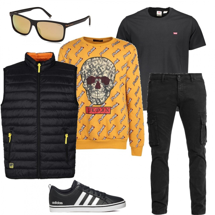 Outfit uomo - Rock everyday. Stile Biker Rock per Tutti i giorni. Abbinamento con pantaloni cargo, felpe, piumini, sneakers, occhiali da sole, t-shirt.