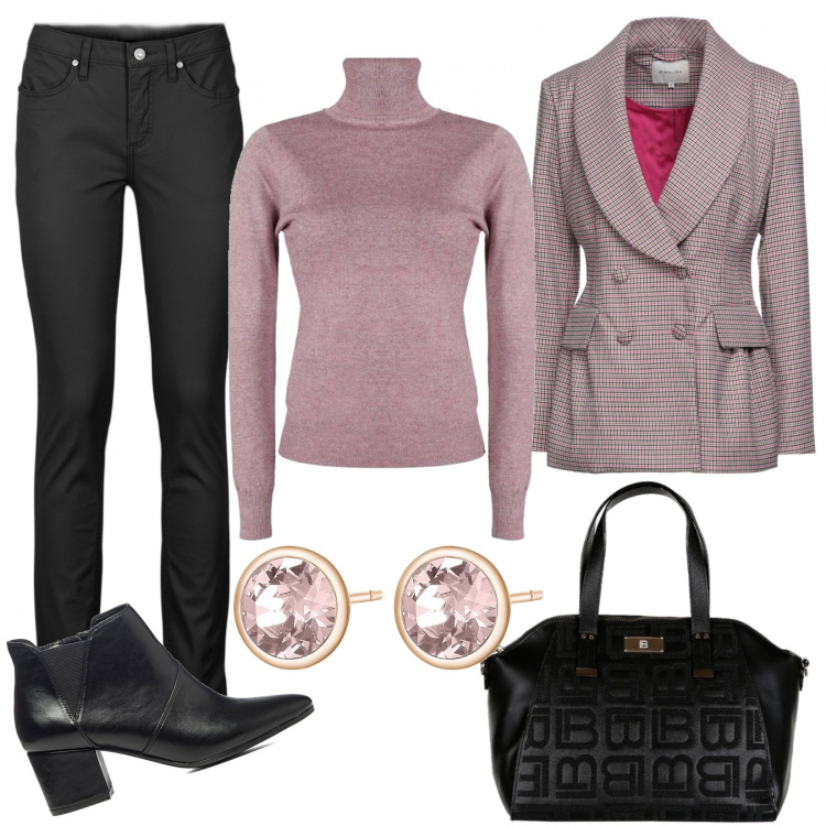 Outfit donna - In ufficio sempre in ordine. Stile Casual chic per Tutti i giorni. Abbinamento con jeans, blazer, pullovers, borse a mano, orecchini, stivaletti.