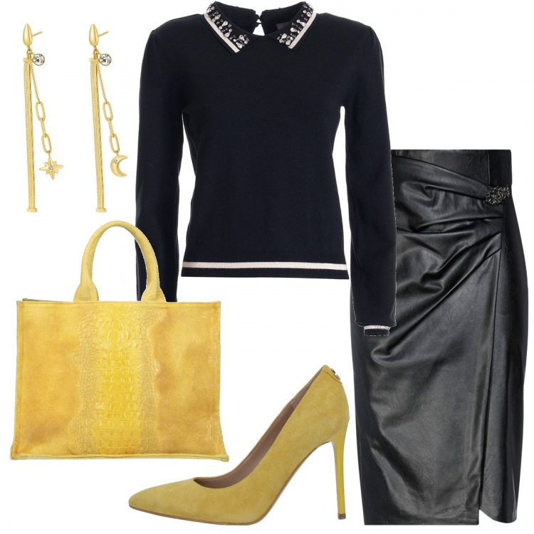 Outfit donna - Glamour #5390. Stile Glamour per Serata fuori. Abbinamento con décolleté, gonne longuette, borse a mano, maglieria, orecchini.