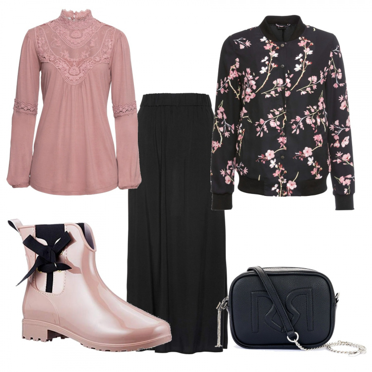 Outfit donna - Rosa e nero lowcost. Stile Glamour per Tutti i giorni. Abbinamento con bomber, gonne lunghe, maglieria, borse a tracolla, stivali.