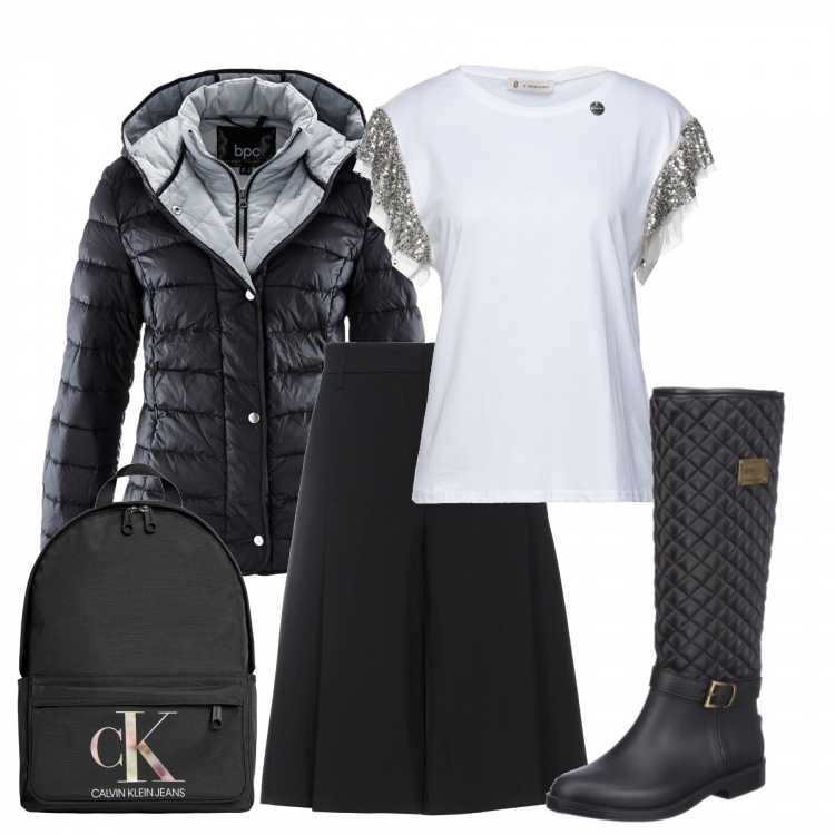 Outfit donna - Total look #1196178. Stile Casual chic per Tutti i giorni. Abbinamento con piumini, pantaloni capri, t-shirt, zaini, stivali di gomma.