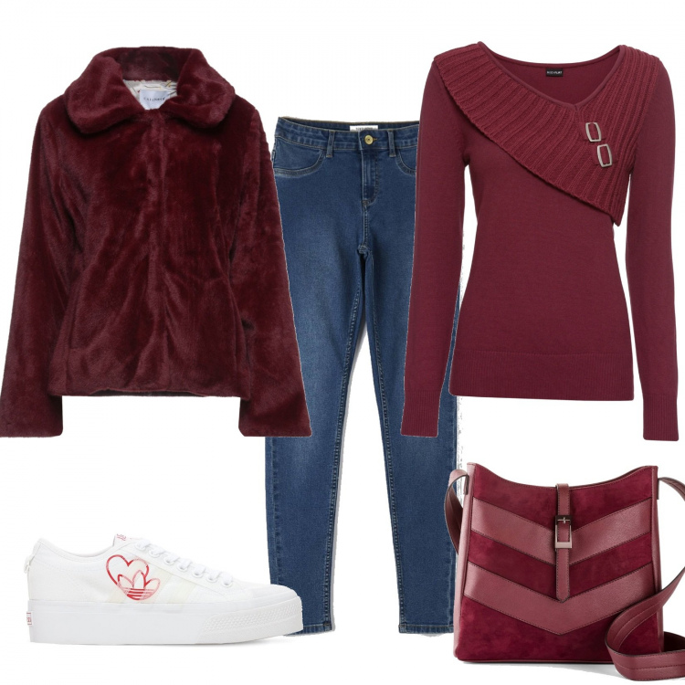 Outfit donna - Today red. Stile Trendy per Tutti i giorni. Abbinamento con maglieria, borse a tracolla, cappotti, jeans skinny, sneakers.