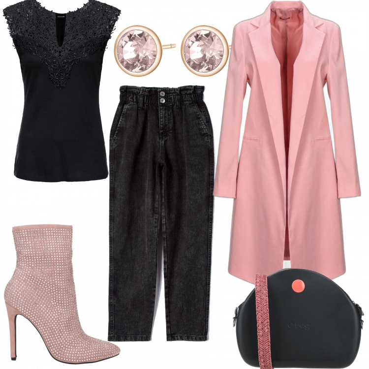 Outfit donna - Il cappotto rosa. Stile Casual chic per Serata fuori. Abbinamento con top, cappotti, stivaletti, borse a tracolla, jeans, orecchini.