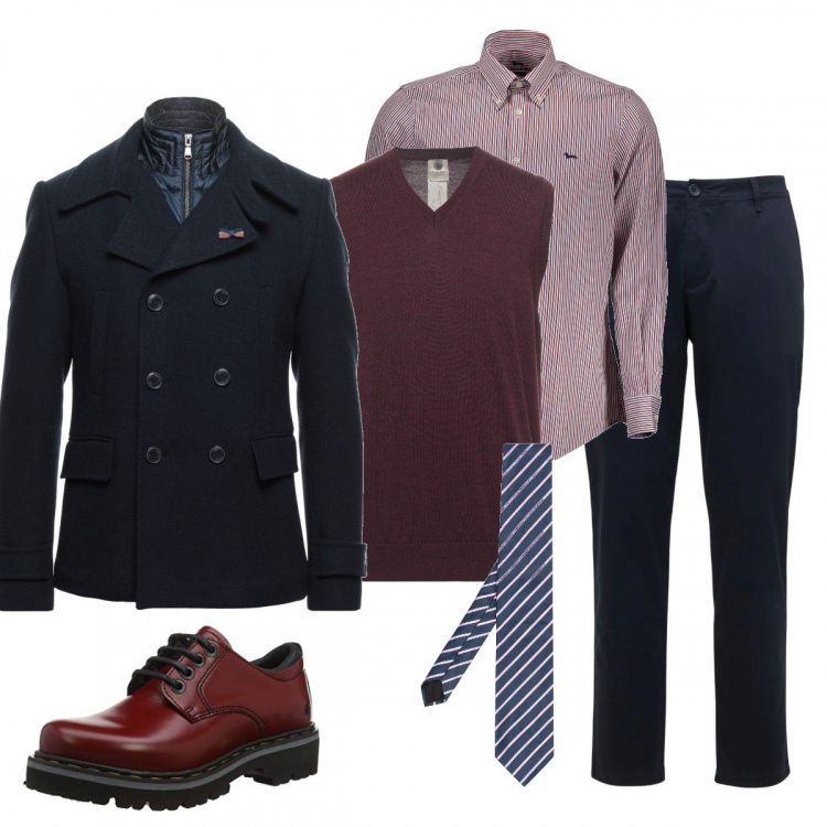 Outfit uomo - Outfit ufficio giovane. Stile Business/Elegante per Ufficio. Abbinamento con cravatte, cappotti, pullovers, camicie, pantaloni, scarpe stringate.