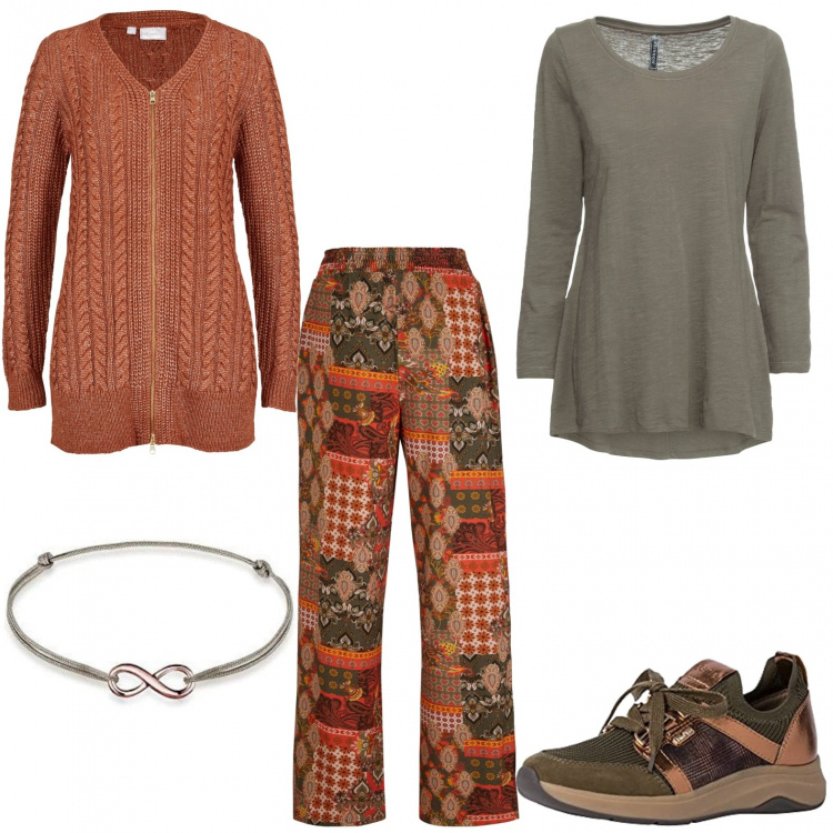 Outfit donna - Invito gli amici a pranzo. Stile Basic per Tutti i giorni. Abbinamento con maglieria, pantaloni a palazzo, maglieria, sneakers, braccialetti.