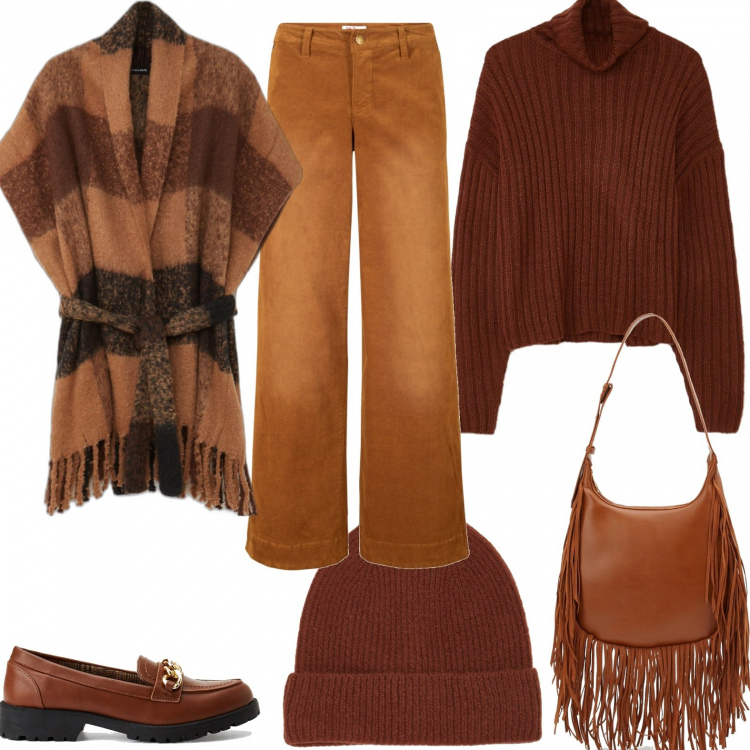Outfit donna - Domenica in compagnia. Stile Urban per Serata fuori. Abbinamento con pantaloni, giacche, maglieria, mocassini, borse a spalla, berretti.