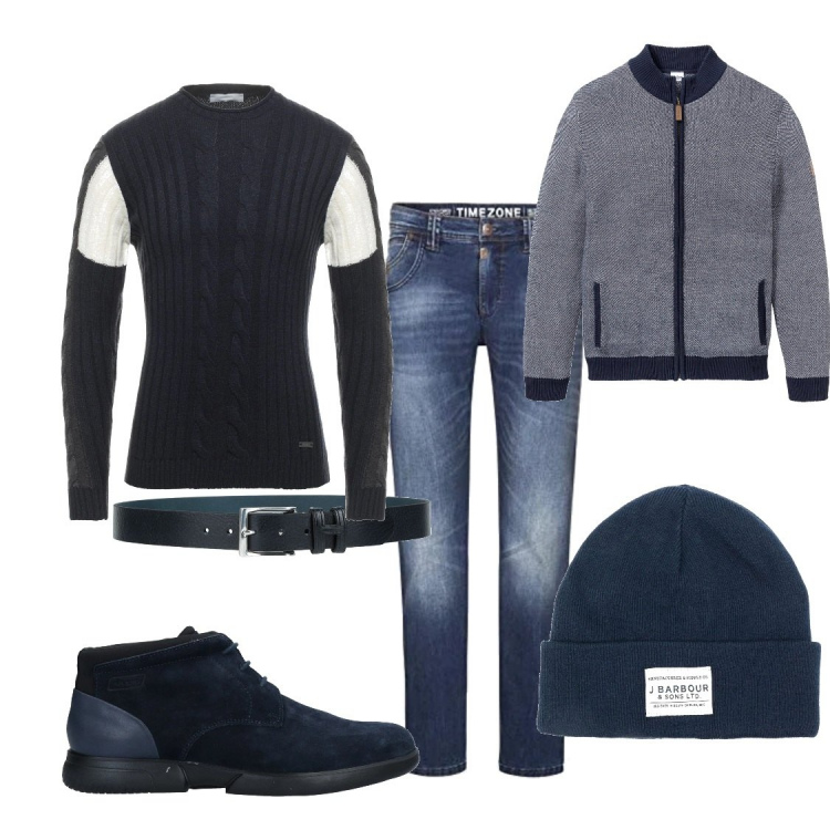 Outfit uomo - Total blu. Stile Casual per Tutti i giorni. Abbinamento con cardigans, pullovers, stivali e stivaletti, cinture, berretti, jeans.