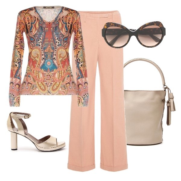 Outfit donna - Pantaloni eleganti. Stile Bon Ton per Ufficio. Abbinamento con pullover senza tasche fantasia lavorato a maglia a maniche lunghe in seta, occhiali da sole effetto acetato marrone, pantalone rosa, sandali effetto laminato con cinturino, borsa a tracolla secchiello con manico interno foderato con nappine.