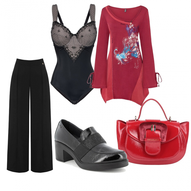 Outfit donna - In rosso e nero. Stile Glamour per Serata fuori. Abbinamento con body, maglieria, borse a mano, pantaloni, décolleté.