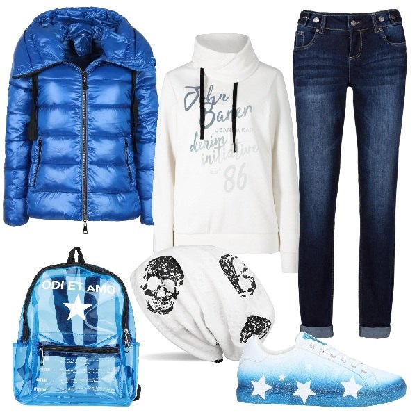 Outfit donna - Dicembre in universtà. Stile Urban per Scuola/Università. Abbinamento con jeans boyfriend, felpe, sneakers, zaini, piumini, berretti.
