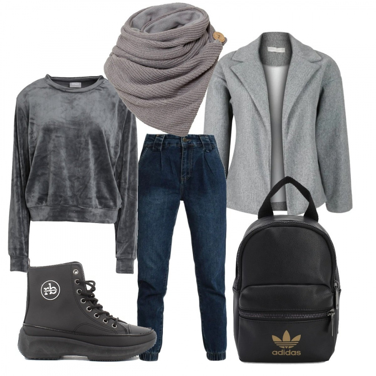 Outfit donna - Abbinamento sportivo. Stile Sporty chic per Scuola/Università. Abbinamento con foulard, felpe, cappotti, jeans boyfriend, sneakers, zaini.