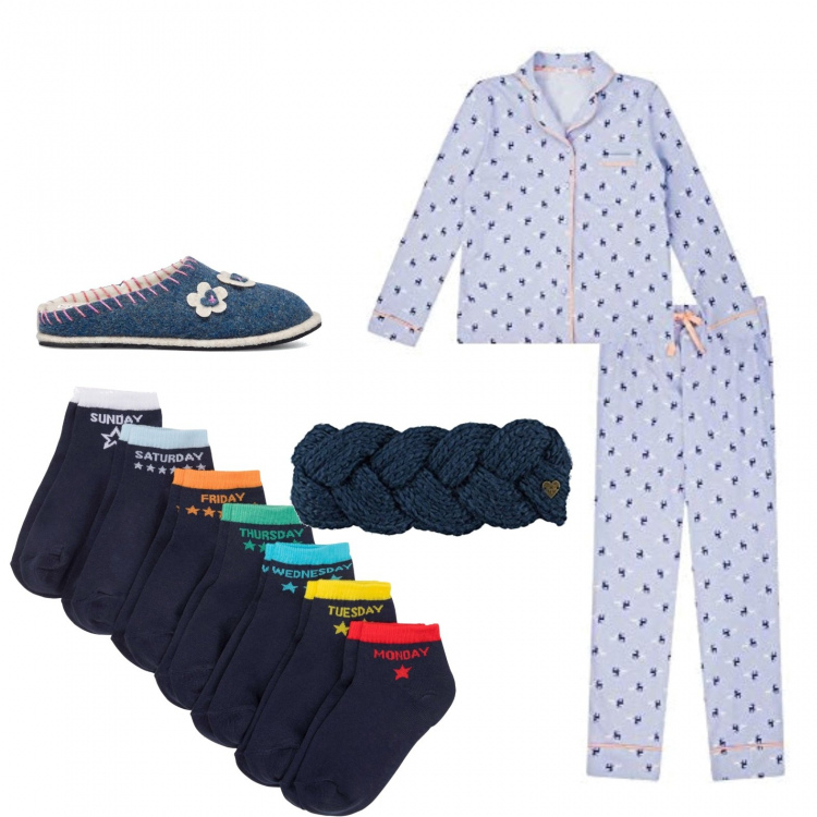 Outfit donna - Notte. Stile Basic per Tutti i giorni. Abbinamento con calzini, pantofole, pigiama, fasce per capelli.