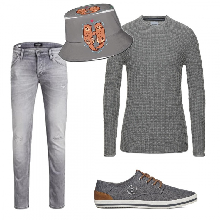Outfit uomo - Il simpatico cappello. Stile Casual per Tutti i giorni. Abbinamento con scarpe stringate, pullovers, jeans, pantaloni.