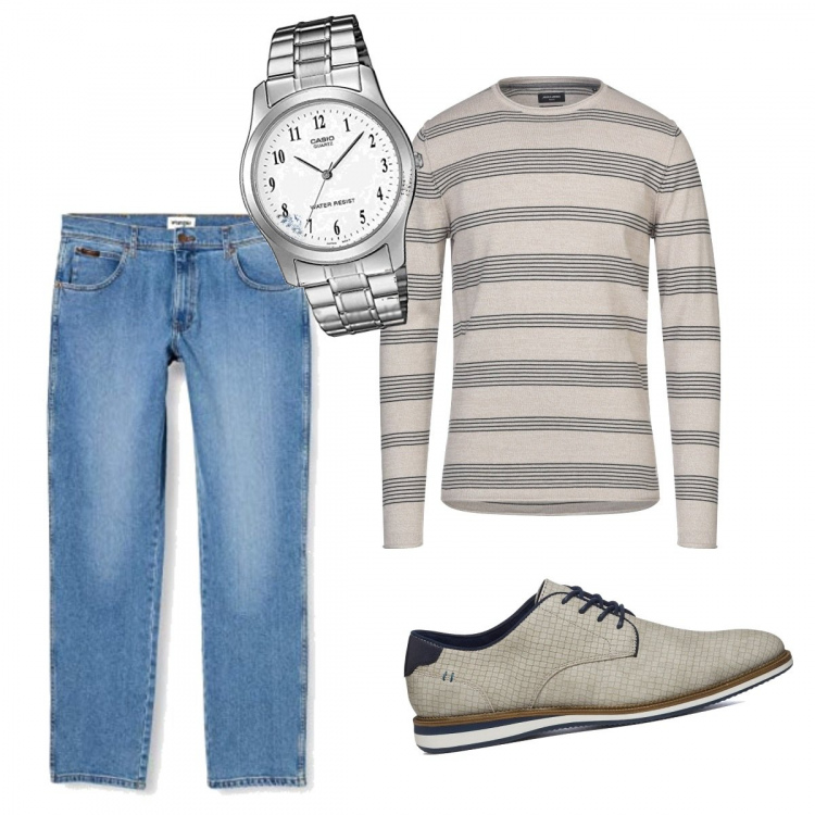Outfit uomo - Maglia a righine. Stile Casual per Tutti i giorni. Abbinamento con scarpe stringate, pullovers, jeans, orologi.