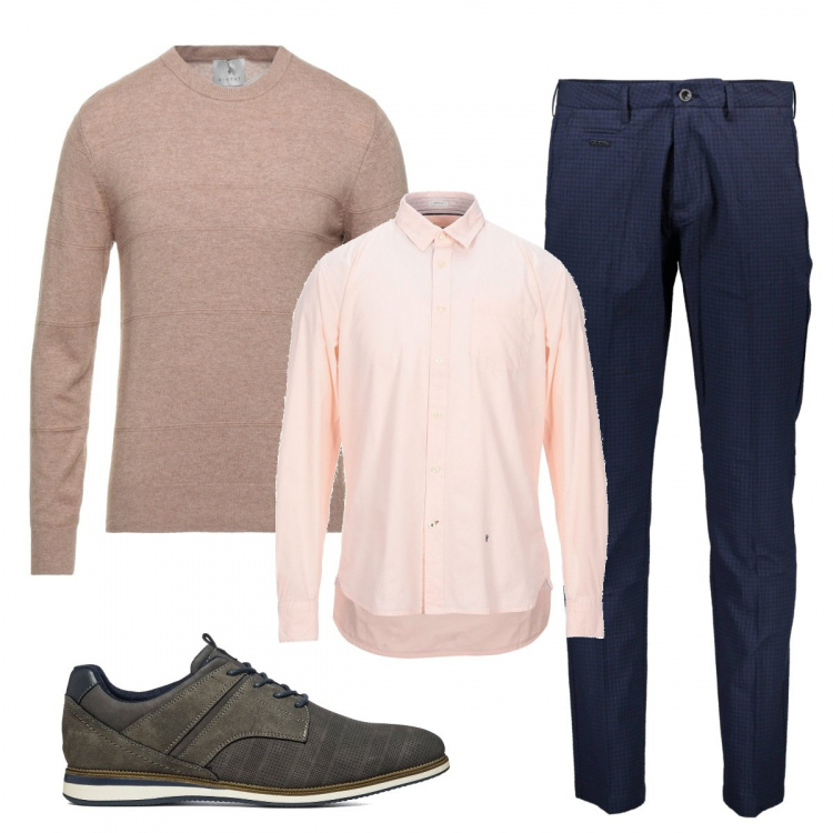 Outfit uomo - Camicia rosa. Stile Business/Elegante per Ufficio. Abbinamento con scarpe stringate, pullovers, camicie, pantaloni.
