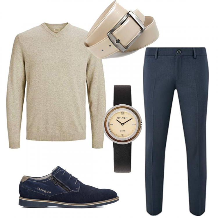 Outfit uomo - Tono su tono. Stile Casual per Tutti i giorni. Abbinamento con scarpe stringate, pantaloni, maglieria, orologi, cinture.