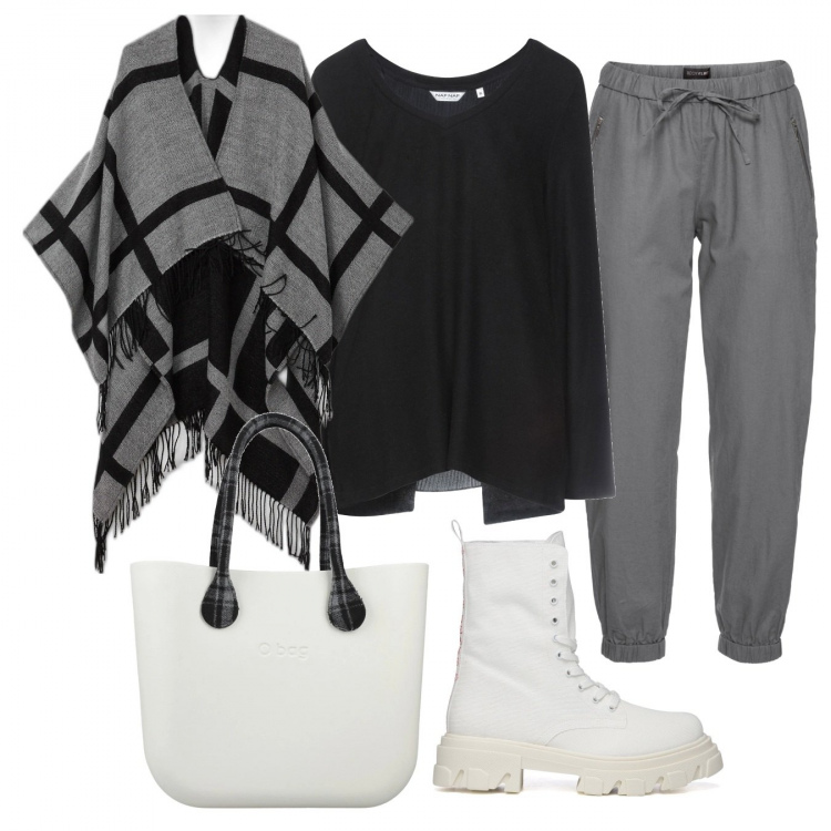 Outfit donna - Di tendenza in bianco grigio e nero. Stile Casual chic per Tutti i giorni. Abbinamento con pantaloni, pullovers, borse a mano, cappe, anfibi.