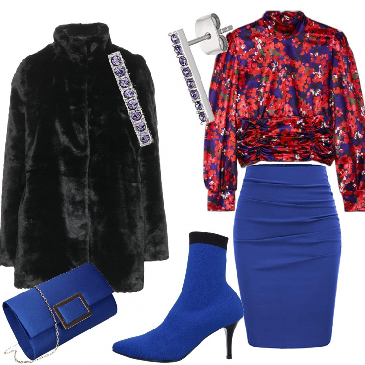 Outfit donna - Electric blue. Stile Chic per Serata fuori. Abbinamento con t-shirt, cappotti, stivaletti, gonne, pochette, orecchini.