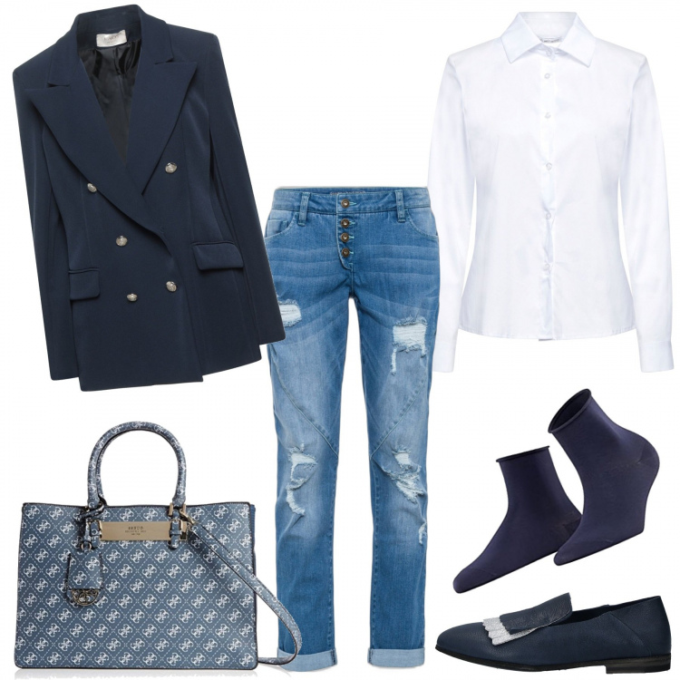 Outfit donna - Jeans e blazer. Stile Casual per Ufficio. Abbinamento con jeans boyfriend, blazer, mocassini, camicie, borse a mano, calzini.