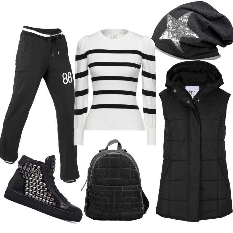 Outfit donna - Curvy sporty chic con la stella. Stile Sporty chic per Sport. Abbinamento con pantaloni sportivi, gilet, pullovers, sneakers alte, berretti, zaini.