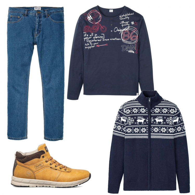 Outfit uomo - Cardigan inverno. Stile Trendy per Tutti i giorni. Abbinamento con jeans dritti, cardigans, maglieria, stivali e stivaletti.
