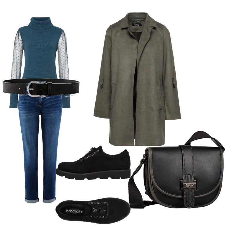 Outfit donna - Total look. Stile Urban per Tutti i giorni. Abbinamento con jeans boyfriend, cinture, maglieria, cappotti, sneakers, borse a spalla.