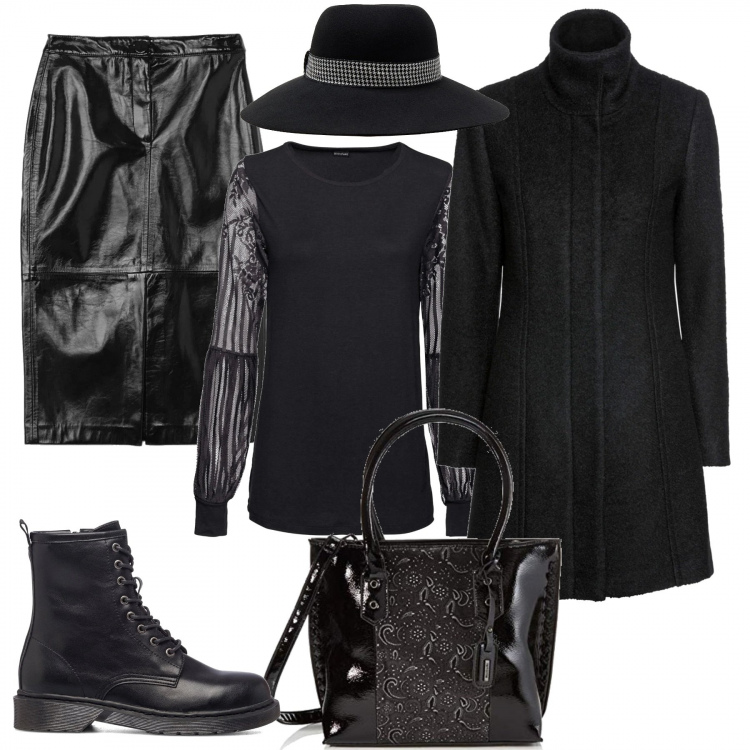 Outfit donna - Un cappello importante. Stile Rock per Serata fuori. Abbinamento con bluse, cappotti, cappelli, gonne longuette, anfibi, borse a spalla.