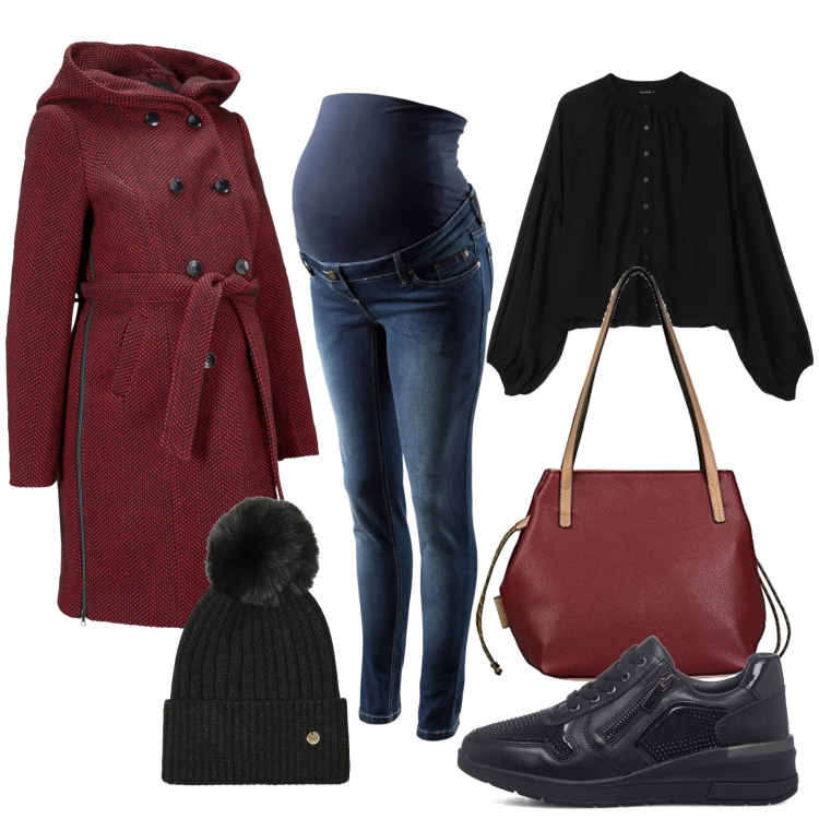 Outfit donna - Speciale premaman. Stile Basic per Tutti i giorni. look ideale per Premaman. Abbinamento con jeans skinny, cappotti, berretti, camicie, sneakers, shopping bag.