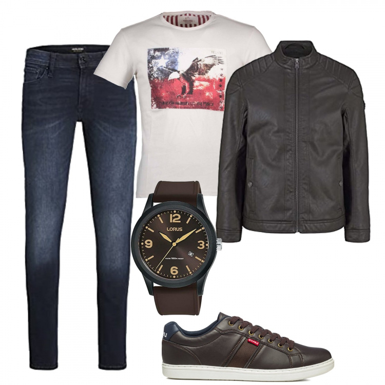 Outfit uomo - Biker Rock #695. Stile Biker Rock per Tutti i giorni. Abbinamento con sneakers, giacche, t-shirt, jeans skinny, orologi.