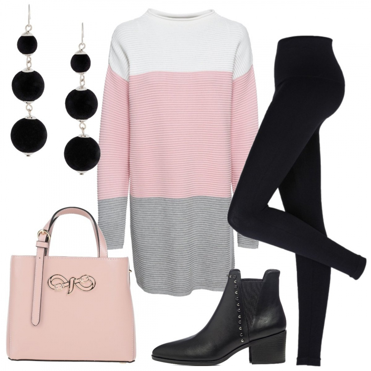Outfit donna - Basic #33477. Stile Basic per Tutti i giorni. Abbinamento con maglieria, leggings, orecchini, borse a mano, stivaletti.