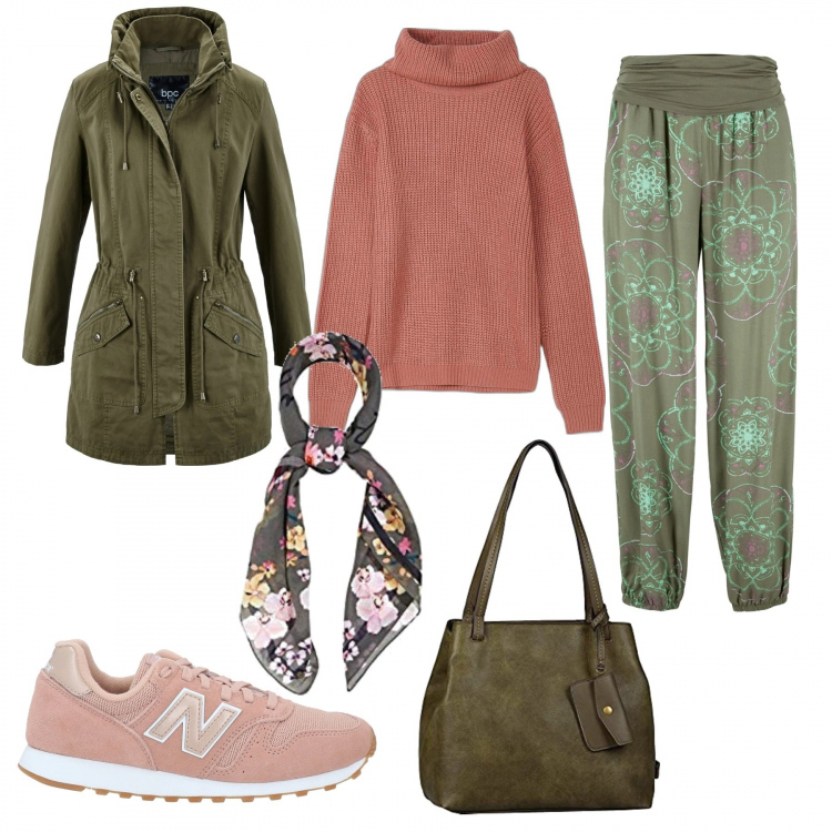 Outfit donna - Osa in verde e rosa. Stile Casual per Tutti i giorni. Abbinamento con parka, pantaloni, sneakers, pullovers, shopping bag, sciarpe.