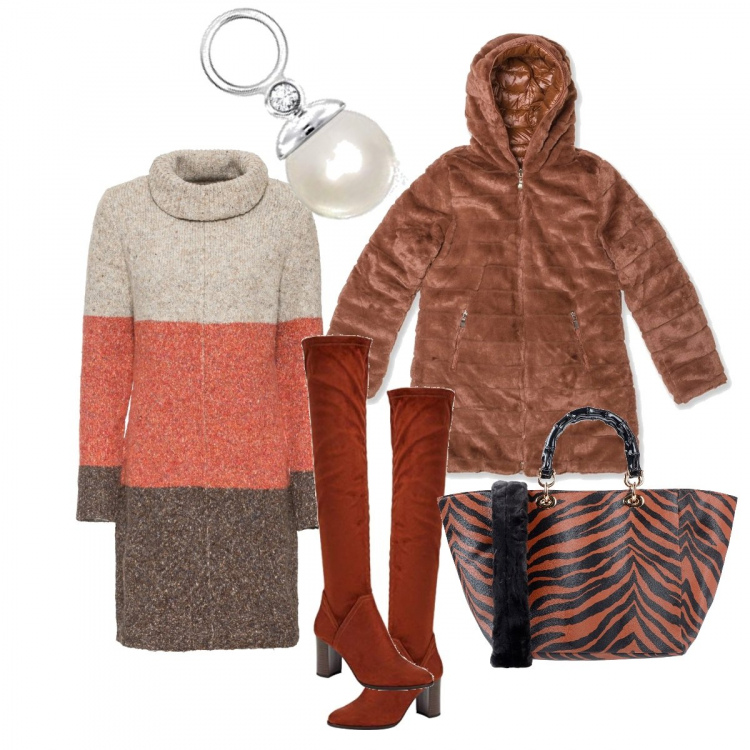 Outfit donna - Colori caldi della terra. Stile Basic per Ufficio. Abbinamento con vestiti, borse a mano, piumini, stivali, orecchini.